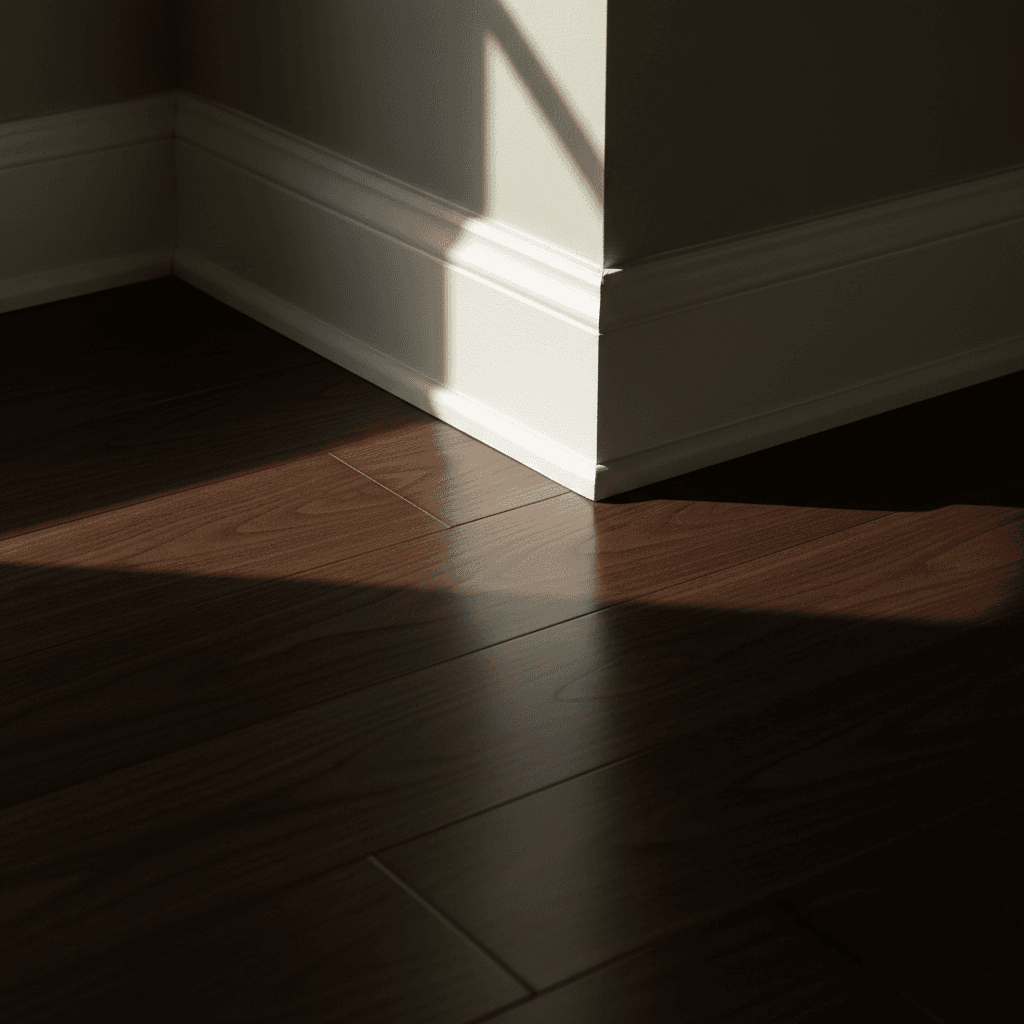 Newly installed hardwood floor corner with clean baseboard trim