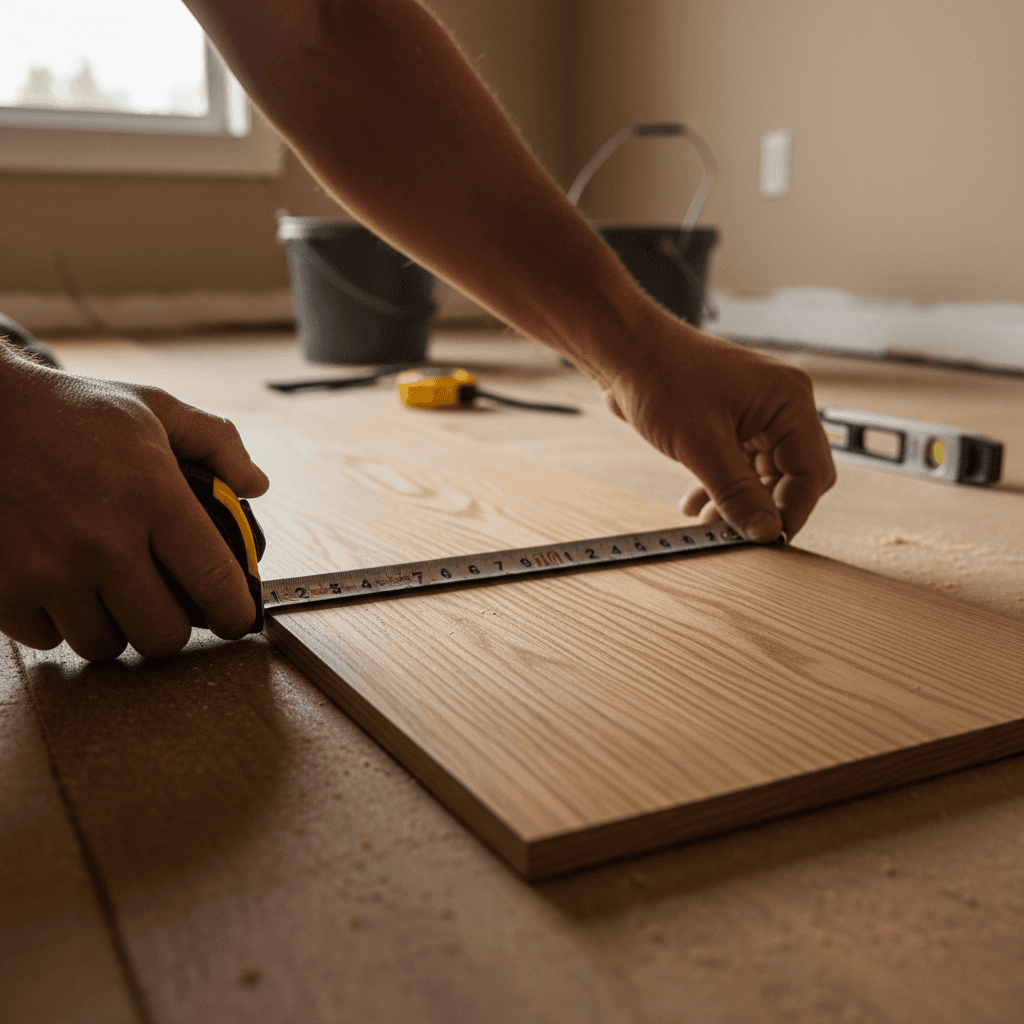 Contractor measuring a hardwood plank on a subfloor