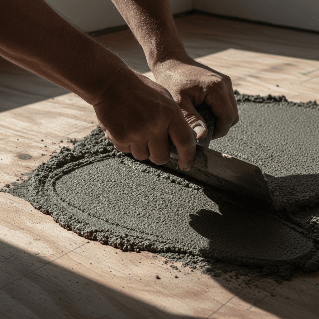 Craftsman's hands applying mortar to a subfloor