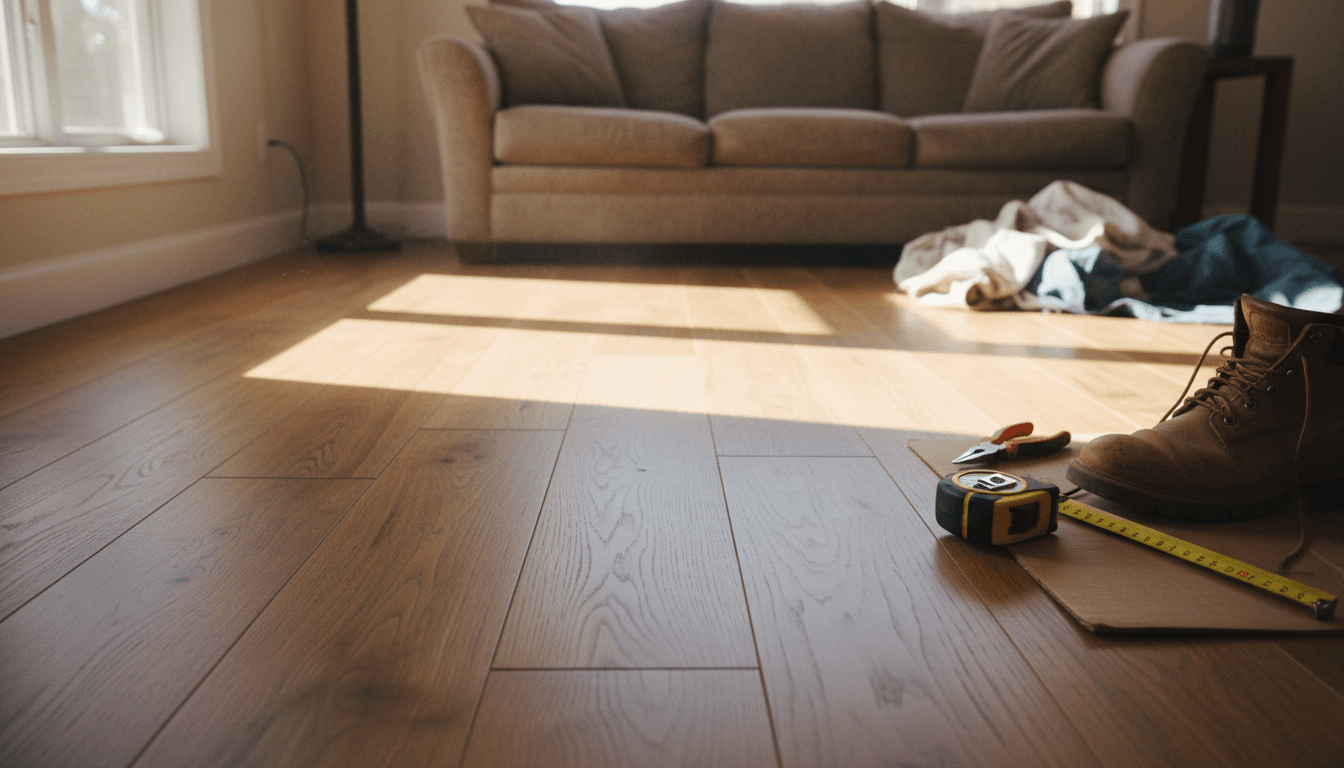 Freshly installed hardwood floor in a sunlit living room with tools nearby