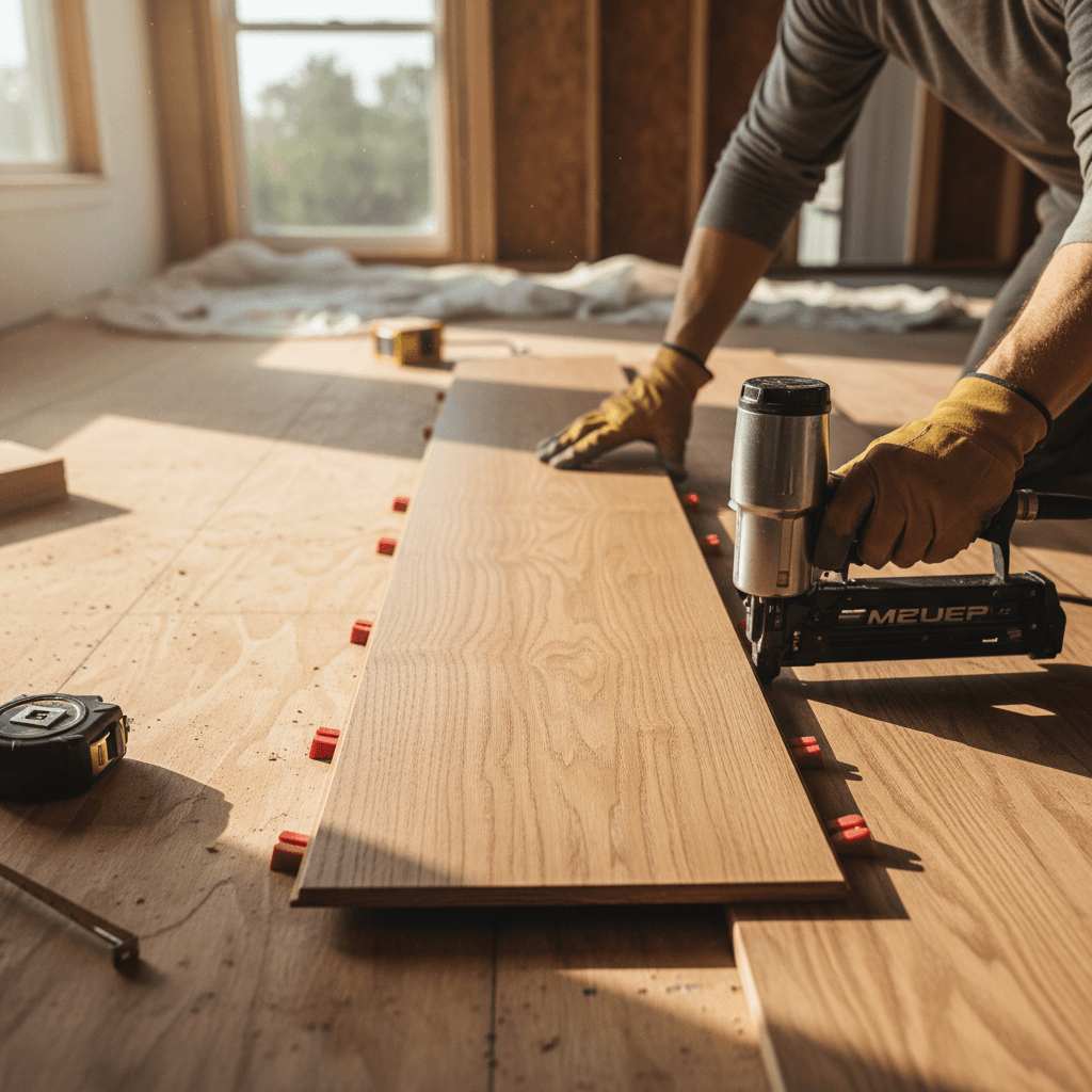 Close-up of hands installing a hardwood floor plank