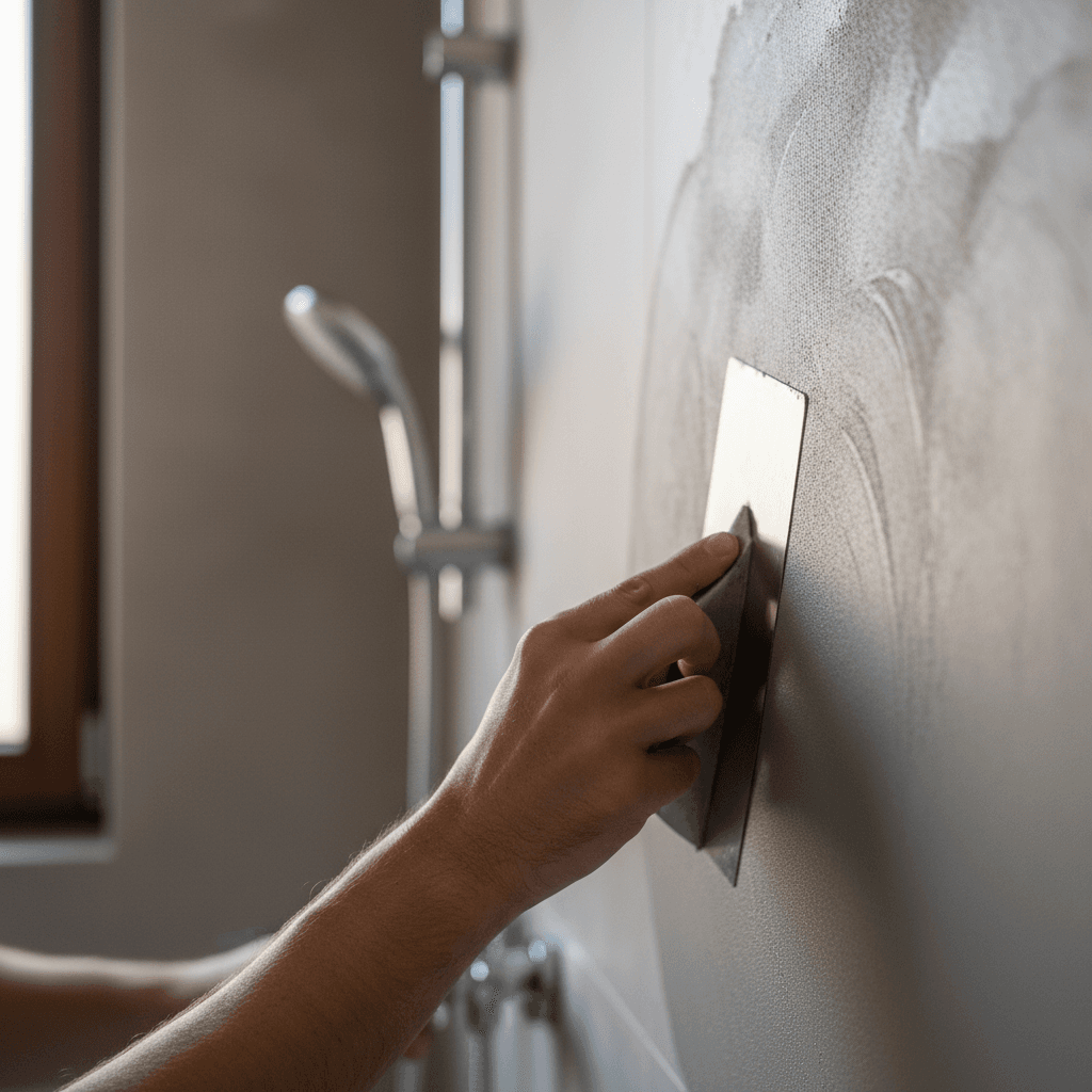 Hands smoothing cement leveler over plywood subfloor during a residential renovation