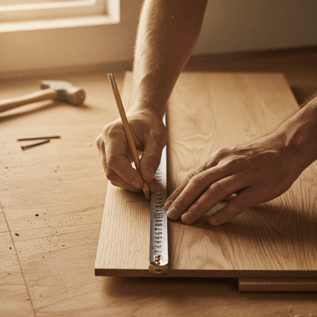 Close-up of baseboard meeting hardwood floor during a remodel in London, Kentucky