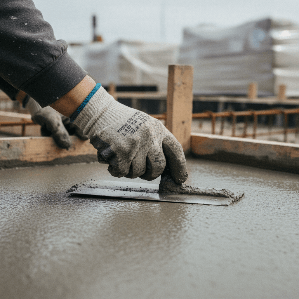 Craftsman's hands smoothing concrete subfloor